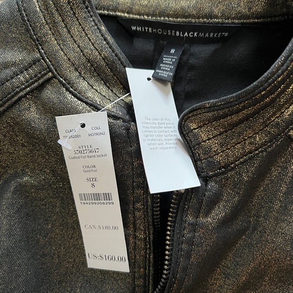WHBM Coated Stretch Denim Cropped PartyJacket in Metallic Gold Over Black Size 8 - Picture 3 of 7